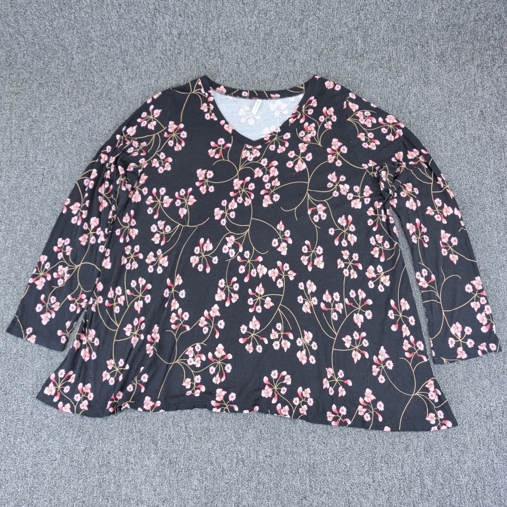 POPYOUNG Floral V-Neck Tunic Top Women 3XL Black Pink Long Sleeve Flowy Blouse